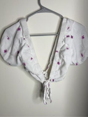 White Tie-Front Puff Sleeve Top with Pink Floral Accents